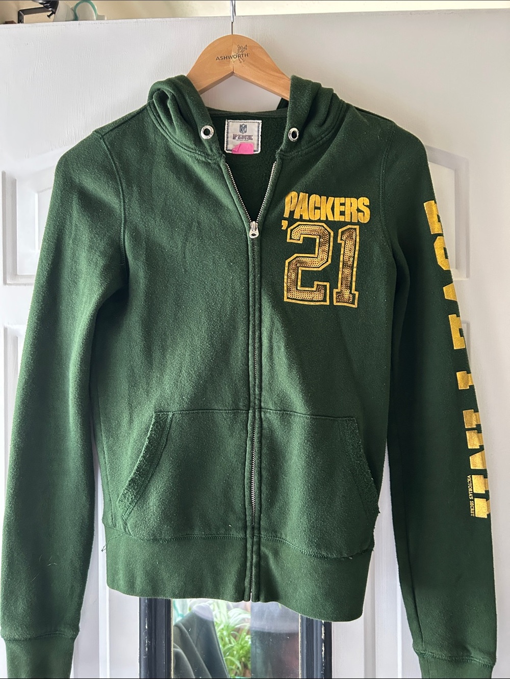 PINK Victoria's Secret Green Packers '21 Zip Hoodie with Yellow Graphics